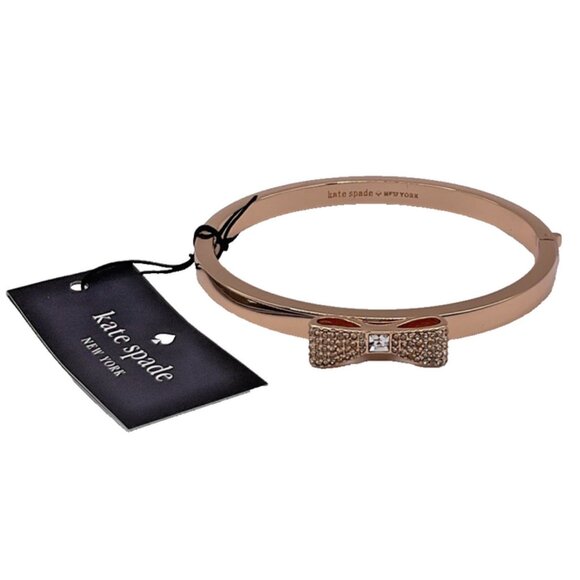 Kate Spade Ready Set Bow Pave Bangle Hinge Bracelet Clear Rose Gold NEW Jewelry - Picture 1 of 5